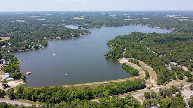drone / aerial view with a wooded view and a water view