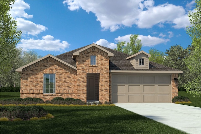 view of front of property with an attached garage, a front lawn, brick siding, and concrete driveway