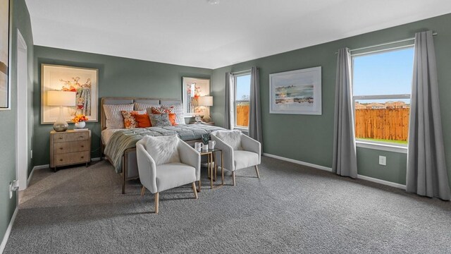 bedroom with carpet flooring, baseboards, and multiple windows