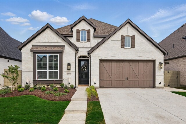 1808 Wren St, Argyle, TX 76226 - french country style house featuring brick siding, driveway, an attached garage, and roof with shingles