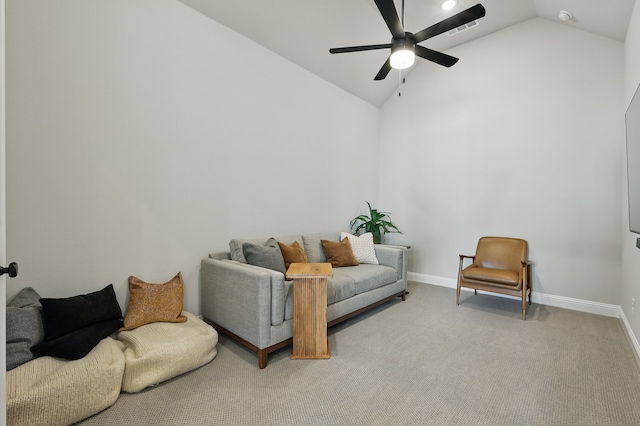 1808 Wren St, Argyle, TX 76226 - living area featuring ceiling fan, baseboards, light colored carpet, and high vaulted ceiling