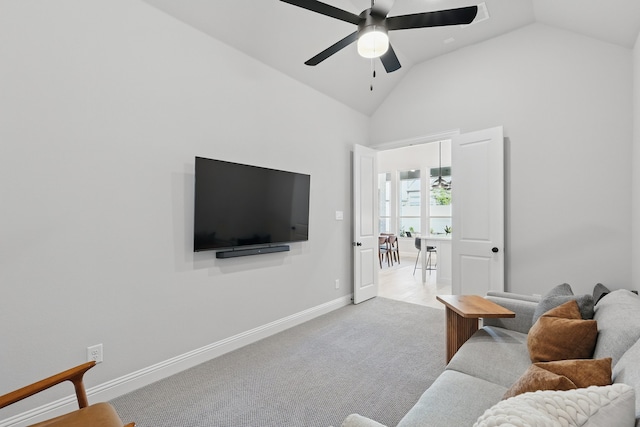 1808 Wren St, Argyle, TX 76226 - carpeted living room with lofted ceiling, a ceiling fan, and baseboards