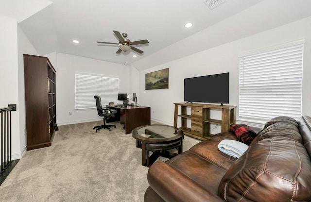 4321 Minnow Cove Rd, Oak Point, TX 75068 - home office with visible vents, baseboards, recessed lighting, light carpet, and a ceiling fan