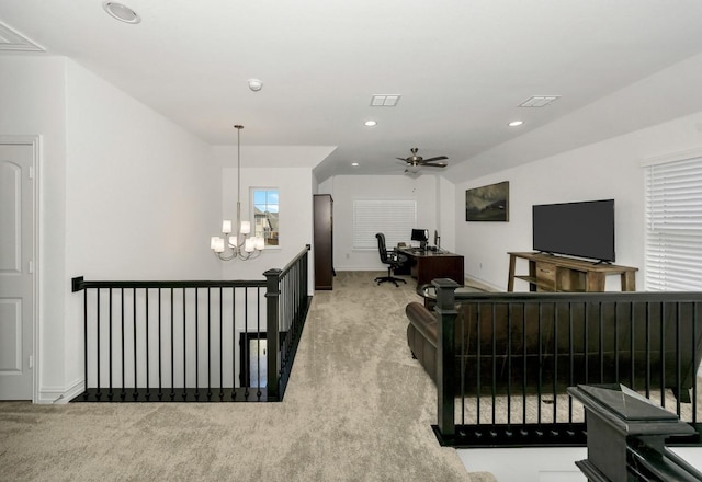 4321 Minnow Cove Rd, Oak Point, TX 75068 - living room with visible vents, baseboards, recessed lighting, carpet, and ceiling fan with notable chandelier