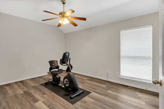 8405 Evening Star Dr, Rowlett, TX 75089 - exercise room with a ceiling fan, vaulted ceiling, wood finished floors, and baseboards