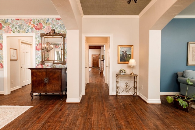 4113 Modlin Ave, Fort Worth, TX 76107 - hall with baseboards, arched walkways, crown molding, and dark wood-style floors