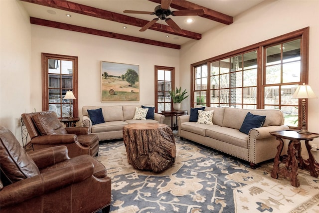 4113 Modlin Ave, Fort Worth, TX 76107 - living area featuring beamed ceiling and a ceiling fan