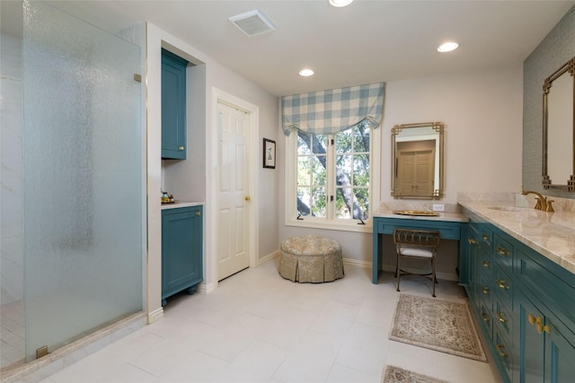 4113 Modlin Ave, Fort Worth, TX 76107 - bathroom featuring a walk in shower, vanity, recessed lighting, and visible vents