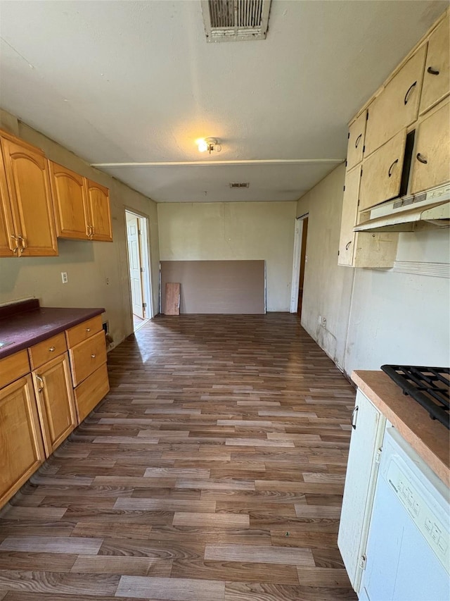 215 Fair Park St, Riesel, TX 76682 - kitchen with dark wood finished floors, dishwasher, gas stovetop, and dark countertops