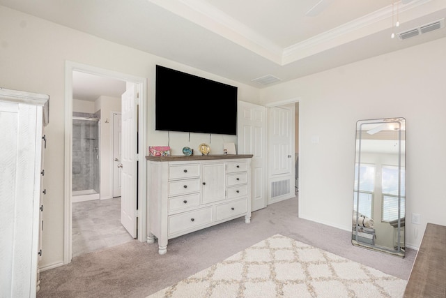 bedroom featuring ornamental molding, visible vents, and light colored carpet