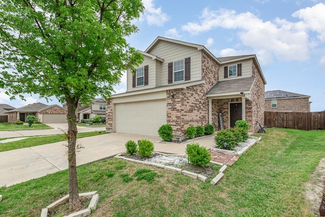 traditional-style home featuring fence, concrete driveway, brick siding, a front yard, and a garage