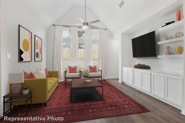 3705 Hickory St, Sherman, TX 75092 - living room with vaulted ceiling, a ceiling fan, wood finished floors, baseboards, and visible vents