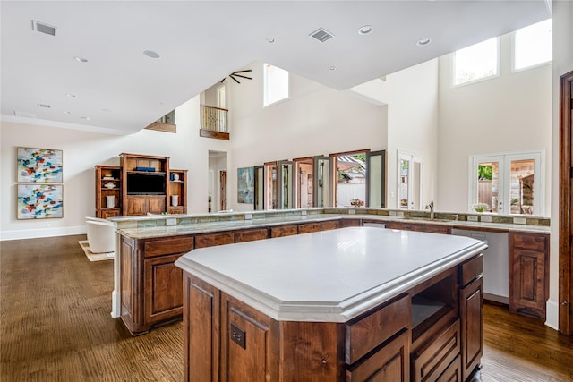 6511 Mimosa Ln, Dallas, TX 75230 - kitchen with a center island, a towering ceiling, dark wood finished floors, open floor plan, and dishwasher