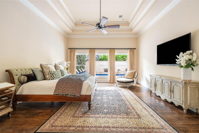 6511 Mimosa Ln, Dallas, TX 75230 - bedroom with a raised ceiling, dark wood-type flooring, access to exterior, crown molding, and a ceiling fan