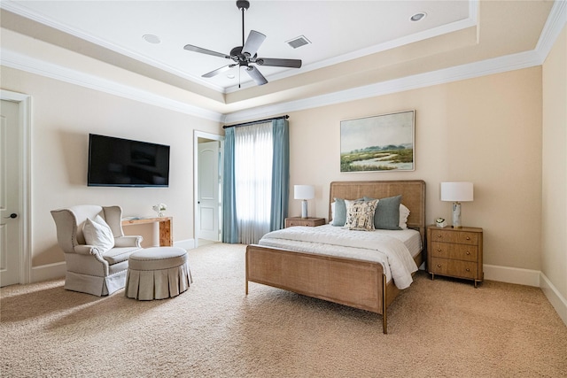 6511 Mimosa Ln, Dallas, TX 75230 - bedroom featuring a raised ceiling, light carpet, crown molding, baseboards, and a ceiling fan