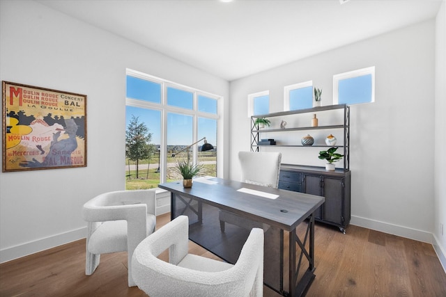 home office featuring baseboards, wood finished floors, and a wealth of natural light