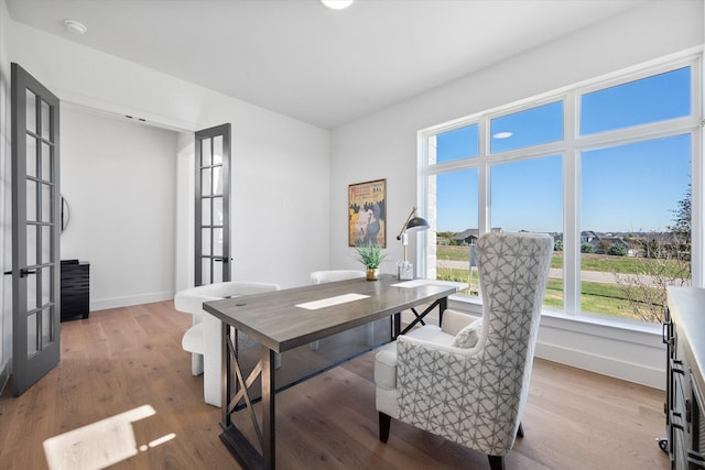 office space featuring wood finished floors, baseboards, and french doors