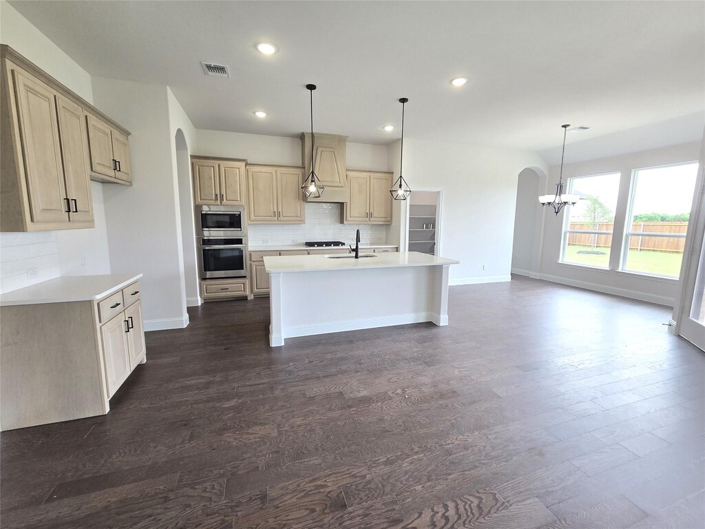 507 Alto Ave, Forney, TX 75126 - kitchen with appliances with stainless steel finishes, custom exhaust hood, arched walkways, tasteful backsplash, and dark wood finished floors