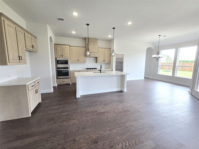 507 Alto Ave, Forney, TX 75126 - kitchen with appliances with stainless steel finishes, custom exhaust hood, arched walkways, tasteful backsplash, and dark wood finished floors