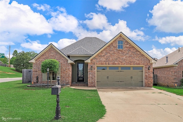 view of front of house featuring an attached garage, driveway, a front lawn, and brick siding