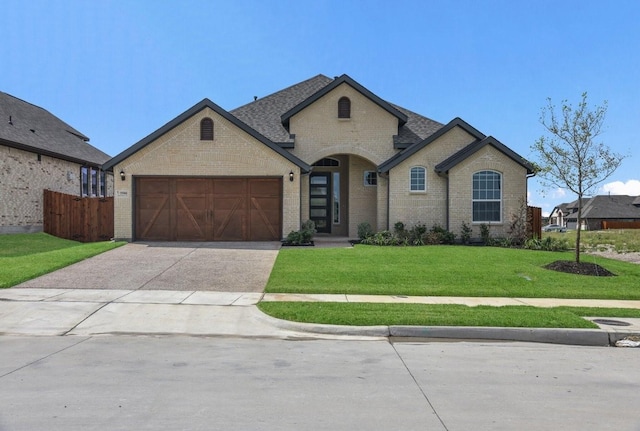 french country style house featuring a front lawn, concrete driveway, brick siding, an attached garage, and a shingled roof