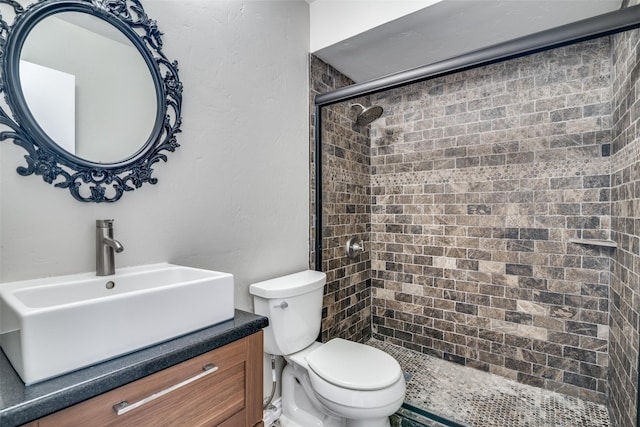 full bathroom featuring a stall shower, vanity, and toilet