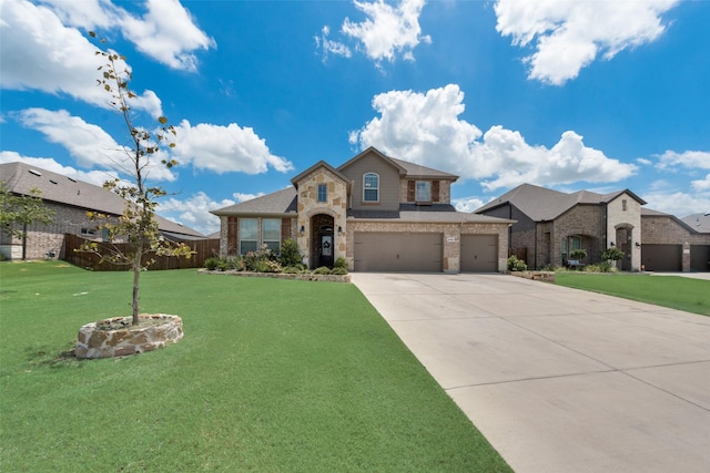 view of front of property with a garage, concrete driveway, a front lawn, and brick siding