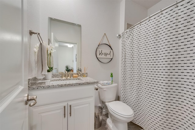 full bath with vanity, tile patterned flooring, toilet, and a shower with shower curtain