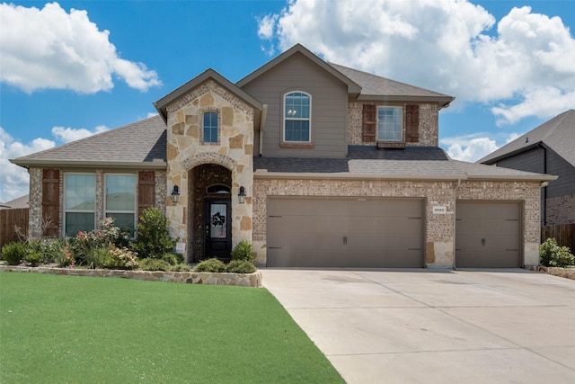 2050 Childress Rd, Heath, TX 75126 - view of front facade featuring concrete driveway, roof with shingles, a front lawn, brick siding, and a garage