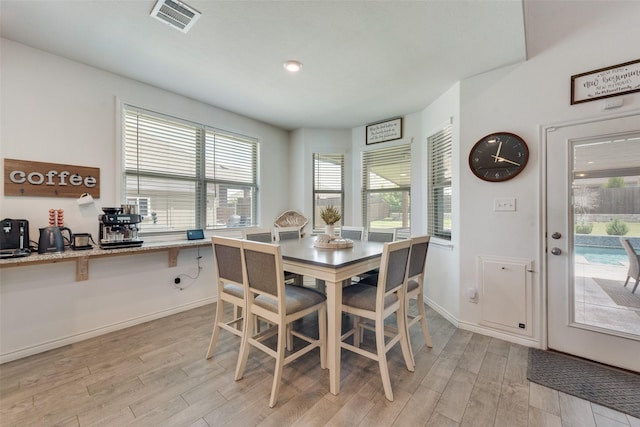 dining room with visible vents, light wood-style floors, and baseboards