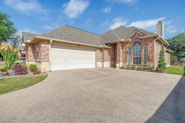 11632 Virginia Way Ct, Fort Worth, TX 76008 - view of front of house with a shingled roof, driveway, brick siding, and a chimney