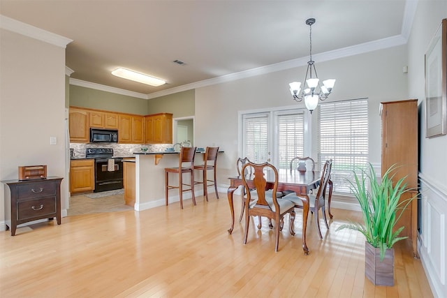 11632 Virginia Way Ct, Fort Worth, TX 76008 - dining room featuring crown molding, visible vents, light wood finished floors, and an inviting chandelier