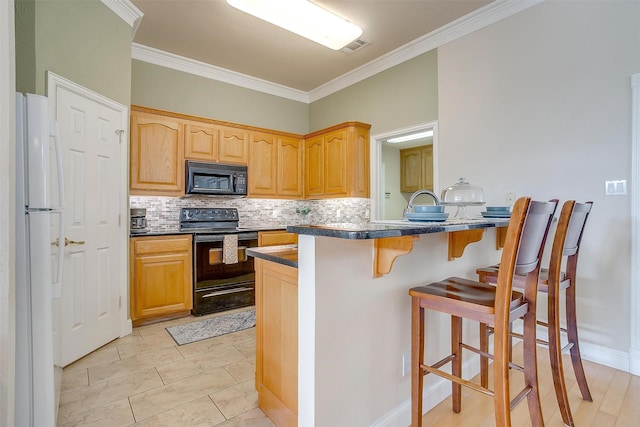 11632 Virginia Way Ct, Fort Worth, TX 76008 - kitchen with dark countertops, black appliances, decorative backsplash, a breakfast bar area, and ornamental molding