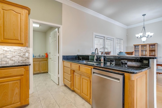 11632 Virginia Way Ct, Fort Worth, TX 76008 - kitchen featuring a sink, a chandelier, decorative backsplash, crown molding, and dishwasher