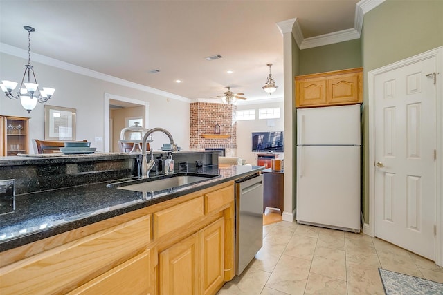 11632 Virginia Way Ct, Fort Worth, TX 76008 - kitchen with a sink, ceiling fan with notable chandelier, dishwasher, visible vents, and freestanding refrigerator