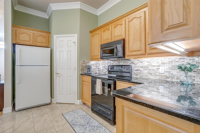 11632 Virginia Way Ct, Fort Worth, TX 76008 - kitchen featuring ornamental molding, light brown cabinets, decorative backsplash, and black appliances