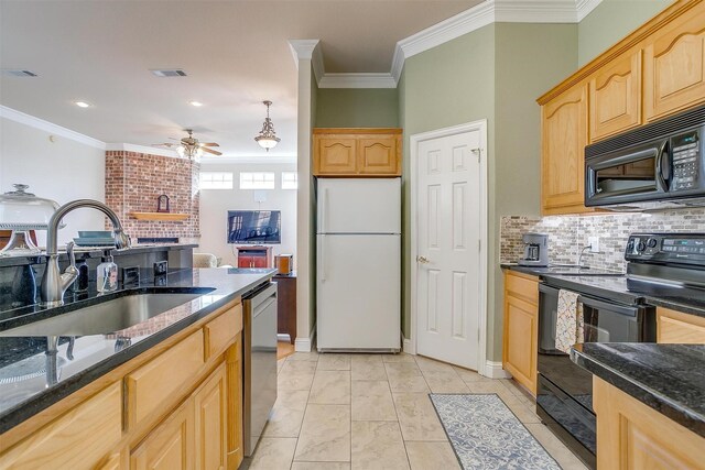 11632 Virginia Way Ct, Fort Worth, TX 76008 - kitchen featuring light brown cabinetry, a ceiling fan, dark stone counters, decorative backsplash, and black appliances
