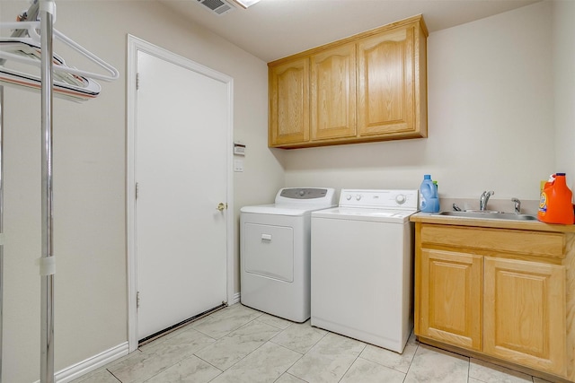 11632 Virginia Way Ct, Fort Worth, TX 76008 - clothes washing area featuring a sink, separate washer and dryer, marble finish floor, cabinet space, and visible vents