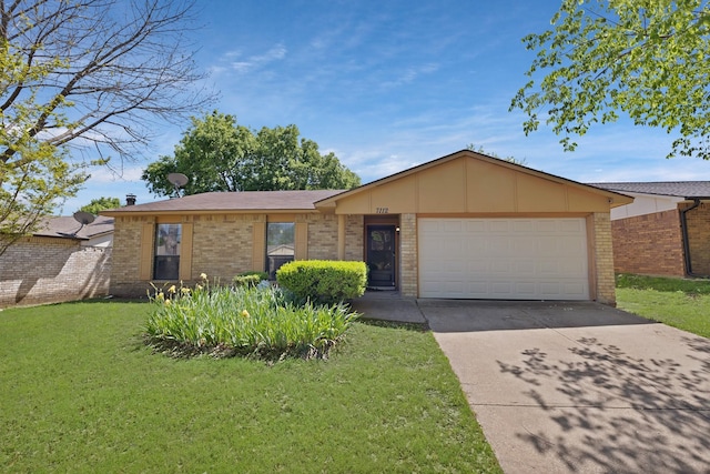 ranch-style home featuring a front lawn, driveway, fence, a garage, and brick siding