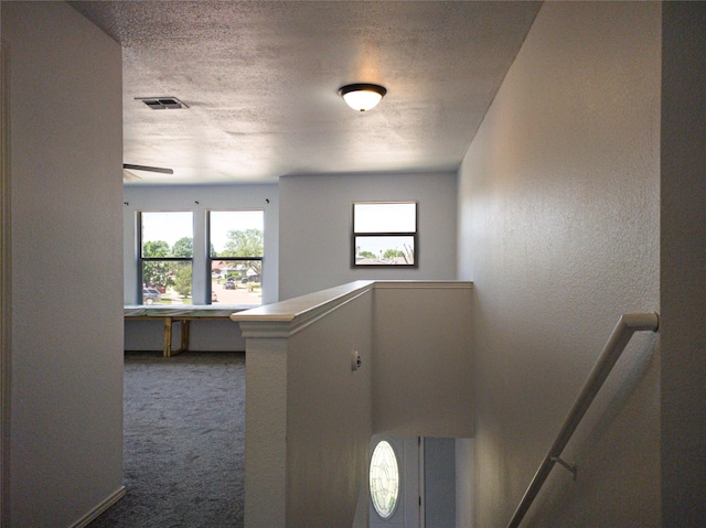 920 Kendall Dr, Arlington, TX 76001 - stairs featuring carpet, plenty of natural light, a textured ceiling, and ceiling fan