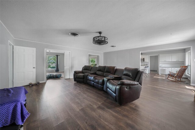 living area featuring visible vents, dark wood-style floors, and a textured ceiling