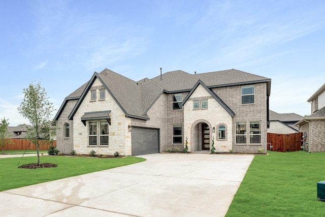 2708 Creekhollow Ct, Denton, TX 76226 - french country style house featuring concrete driveway, stone siding, brick siding, and roof with shingles