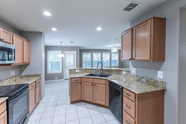 15905 Avenel Way, Fort Worth, TX 76177 - kitchen with black appliances, a sink, a peninsula, ceiling fan, and recessed lighting