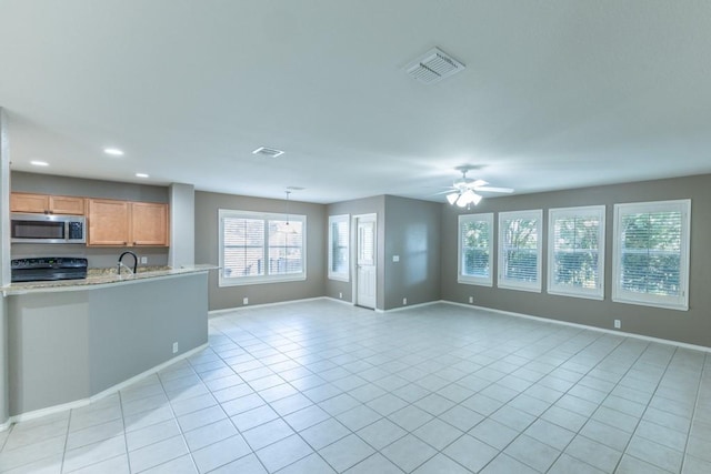 15905 Avenel Way, Fort Worth, TX 76177 - unfurnished living room with baseboards, light tile patterned flooring, a ceiling fan, and recessed lighting
