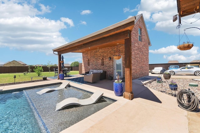 view of swimming pool featuring an outdoor hangout area, a yard, a fenced backyard, and a patio area