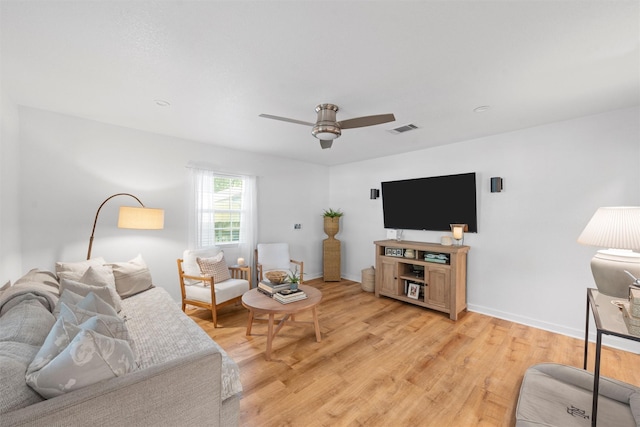 111 Peaceful Ln, Lacy Lakeview, TX 76705 - living room with baseboards, visible vents, light wood-style floors, and ceiling fan