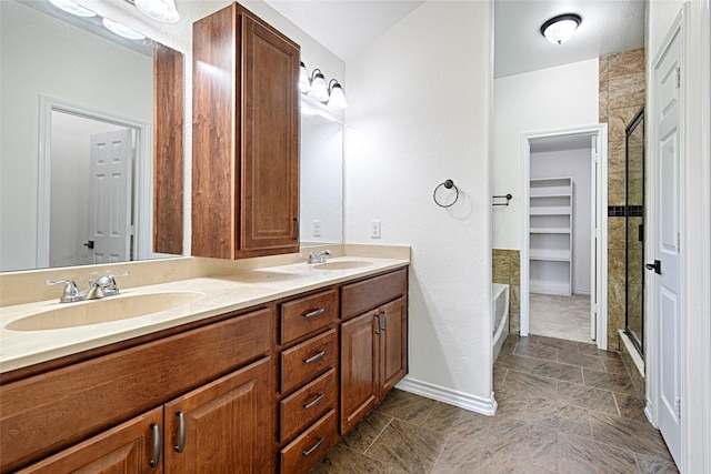 351 Peachtree Ln, Princeton, TX 75407 - full bathroom with stone finish flooring, baseboards, visible vents, a stall shower, and a ceiling fan