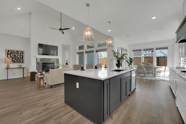 4330 Silver Spur Dr, Prosper, TX 75078 - kitchen with dishwasher, light countertops, light wood finished floors, a tiled fireplace, and high vaulted ceiling