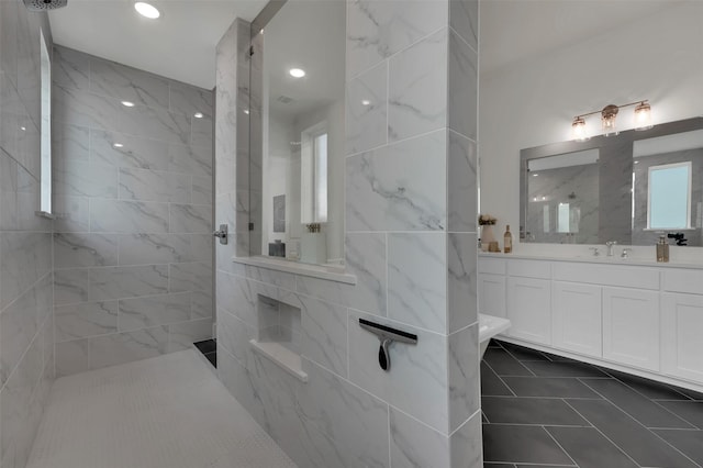4330 Silver Spur Dr, Prosper, TX 75078 - full bath with walk in shower, tile patterned floors, vanity, and recessed lighting