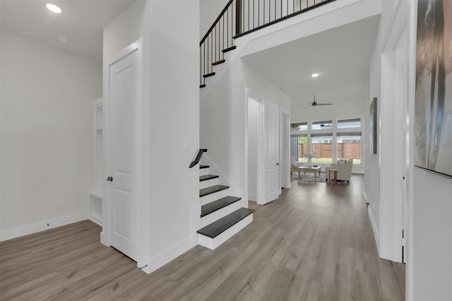 4330 Silver Spur Dr, Prosper, TX 75078 - staircase with wood finished floors, ceiling fan, baseboards, and recessed lighting
